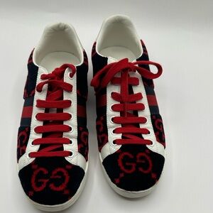Gucci GG Monogram Wool and Leather Sneakers Bold And Stylish size 36,5
